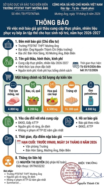 Thông báo mời báo giá thực phẩm học kỳ I, năm học 2026-2027