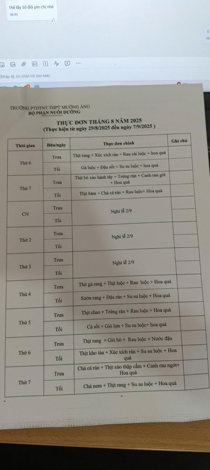 Thực đơn tháng 8 từ 29 8 đến 07 9